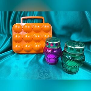 🥚🪔Vintage 70s Orange Egg Carrier & Decorative Glass Lanterns Set